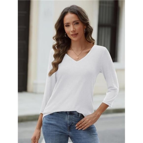 New Women's 3/4 Sleeve V-Neck Casual Basic Trendy Tee‎ Blouses, White - Picture 2 of 7